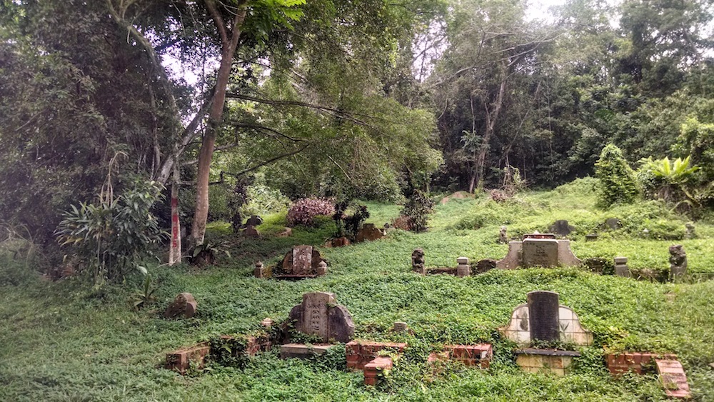 headstones on the grassy hill Bukit Brown Singapore