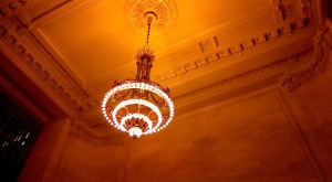 A chandelier with rows of lights